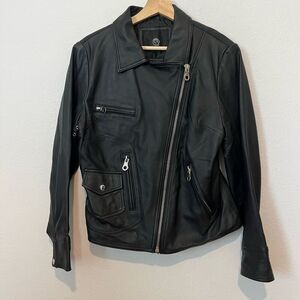 Uniquism Black Leather Full Zip-Up Moto Motorcycle Biker Jacket Women's Large